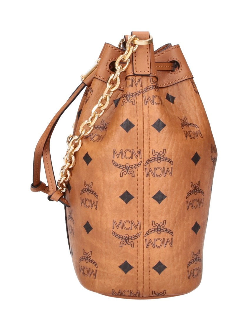 Mcm Brown Dessau Visetos Monogram Drawstring Bucket Bag