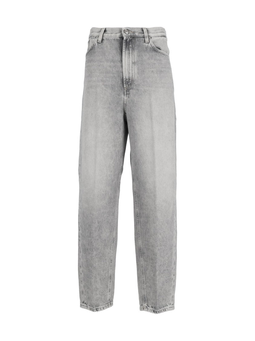 Dondup Washed Grey Cotton Denim Pants With Tapered Fit