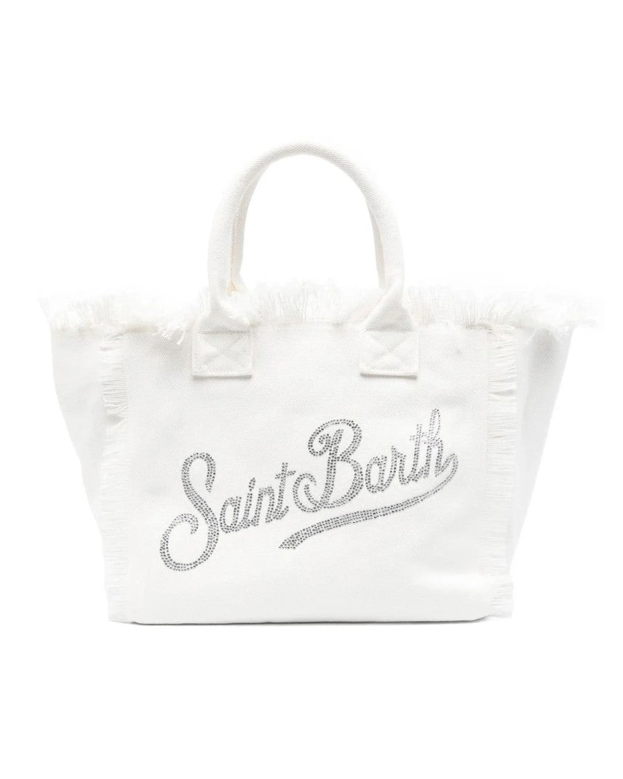 Mc2 Saint Barth Fringed Cotton Canvas Tote With Rhinestone Logo