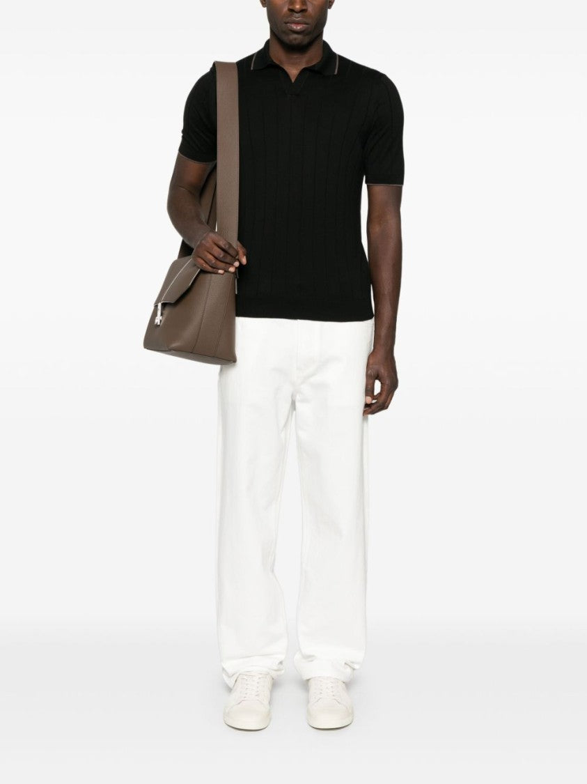 Barba Ribbed Black Polo With Classic Collar