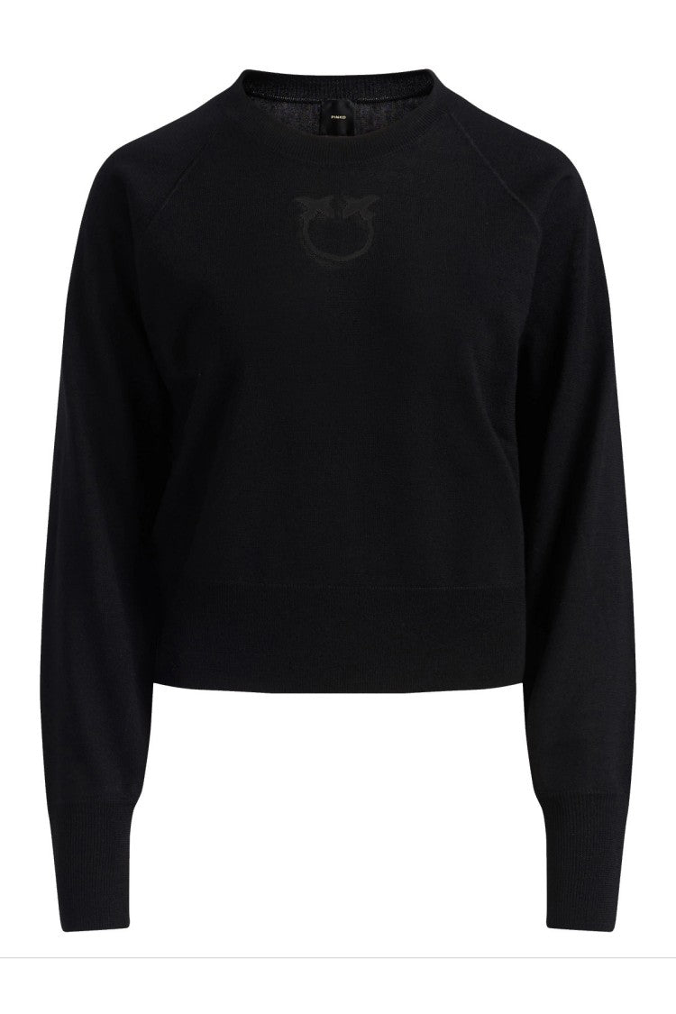 Pinko Black Crewneck Embroidered Love Birds Wool-Blend Sweater