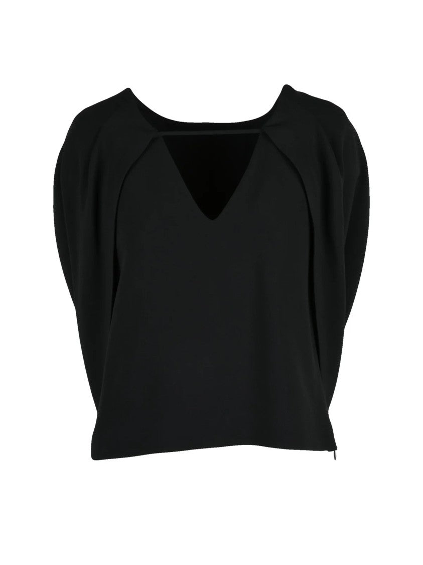 Alberta Ferretti Black Viscose-Blend V-Neck Semi-Cape Top