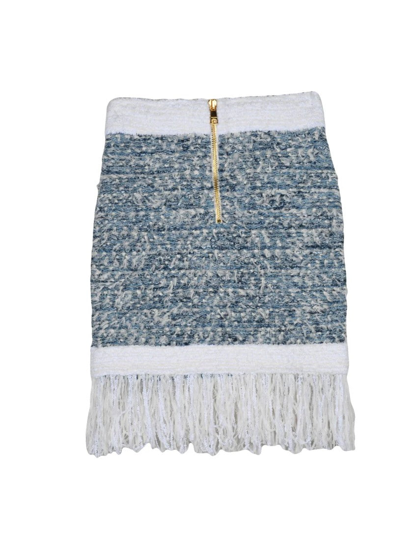 Balmain Textured Bouclé Mini Skirt With Fringe Hemline And Gold Accents