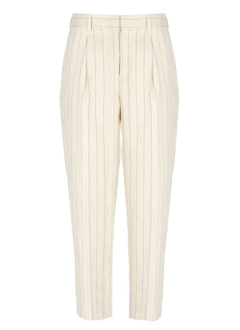 Pt Torino Ivory Striped Linen-Cotton Pants