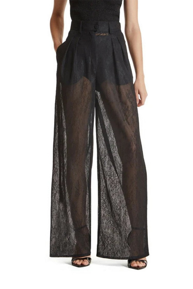 Simona Corsellini Black Polyester-Viscose Blend Lace-Overlay Trousers