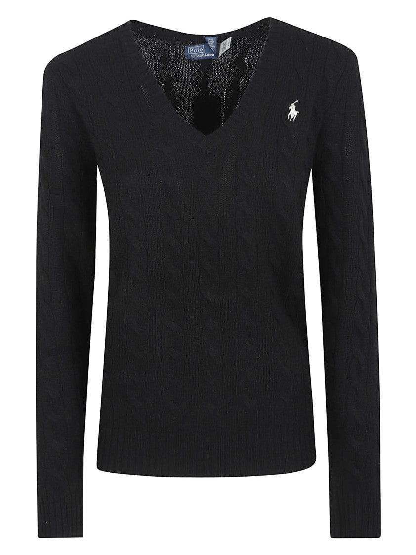 Polo Ralph Lauren Fitted Black Cable-Knit Sweater With V-Neckline
