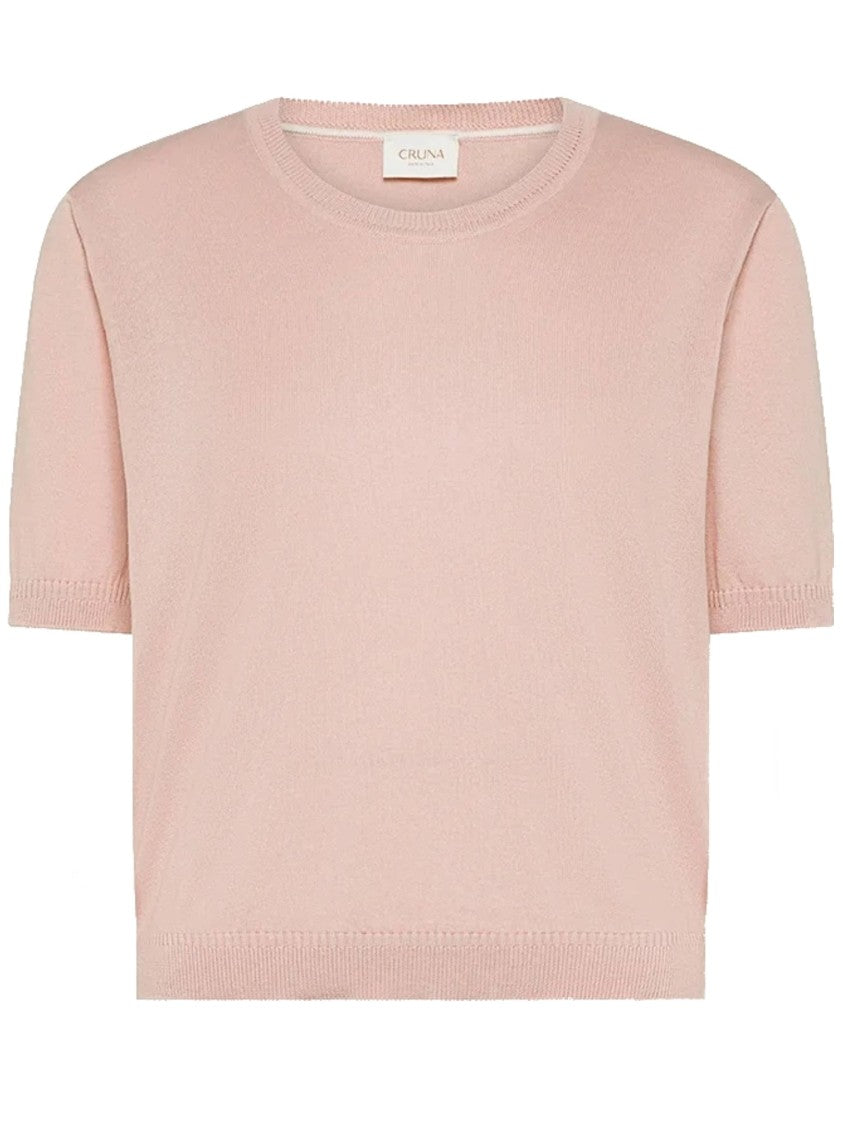 Cruna Cropped Pink Knitted Ribbed Edge T-Shirt