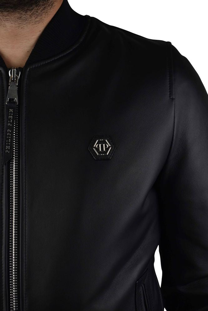 Philipp Plein Black Leather Bomber Jacket With Silver Accents