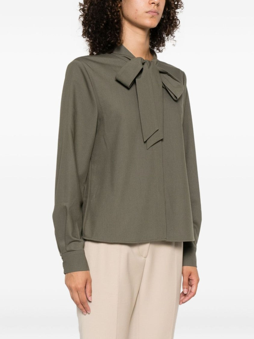 Self-Portrait Pussy Bow Blouse In Soft Green Twill