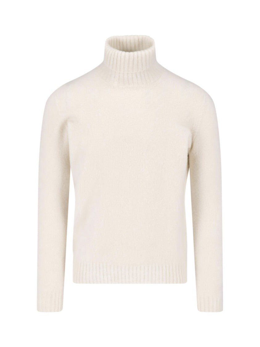 Drumohr High Neck White Wool Sweater With Ribbed Details