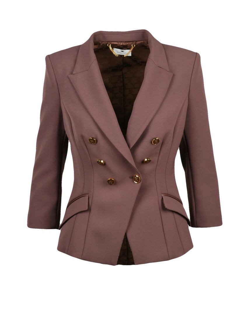 Elisabetta Franchi Brown Structured Double-Breasted Polyester-Blend Jacket