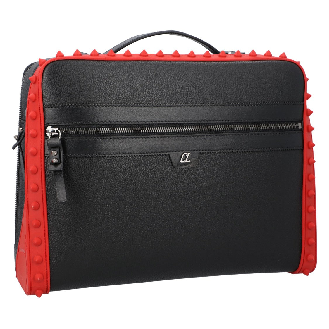 Christian Louboutin Black Leather Briefcase With Red Studded Edges And Modern Design