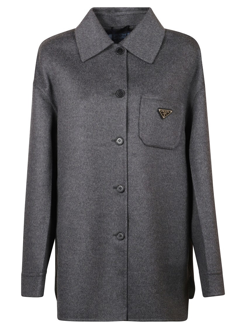 Prada Button-Up Grey Coat With Textured Finish