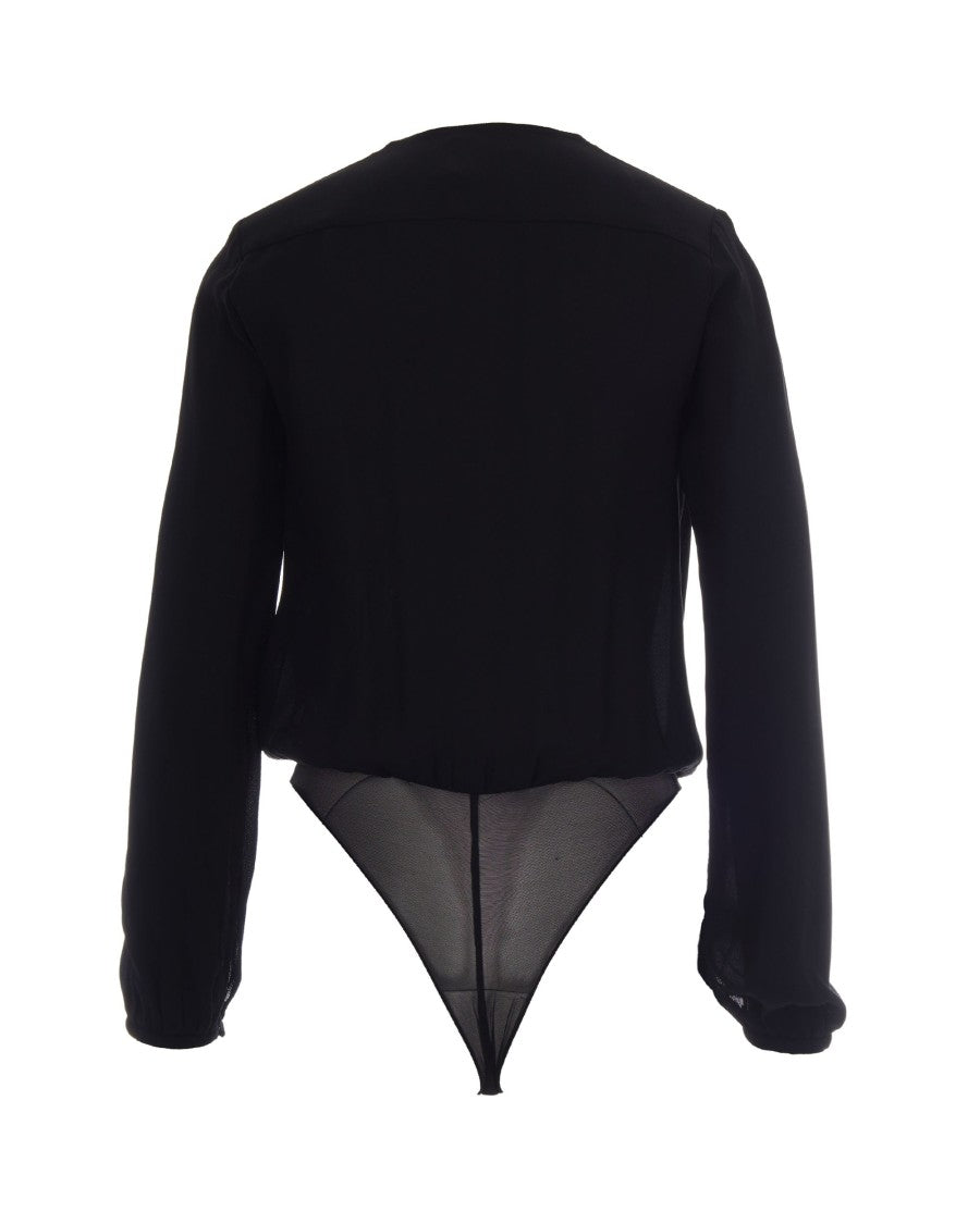 Elisabetta Franchi Long-Sleeved Georgette Bodysuit With Structured Shoulders And Pleated Detailing