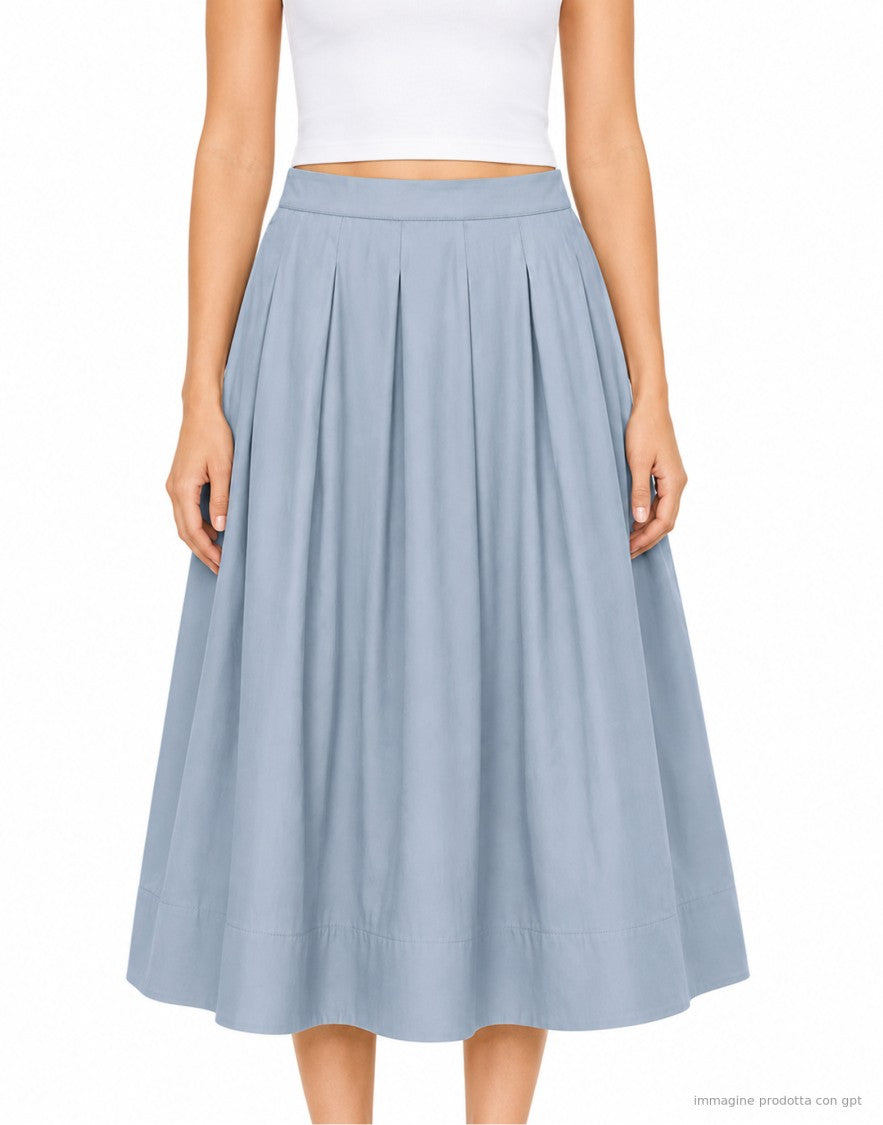 Nine In The Morning Light Blue Stretch Cotton Pleated Midi Skirt