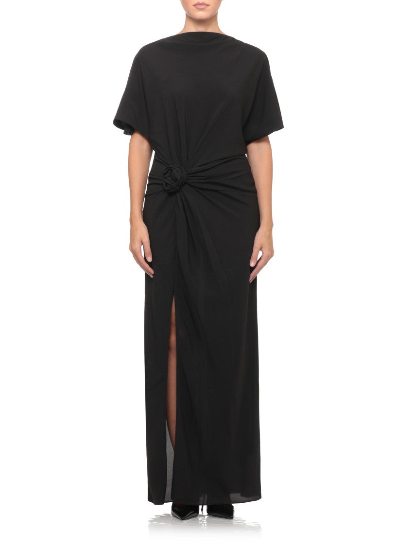 Rotate Black Lace-Back Draped Rose Maxi Dress
