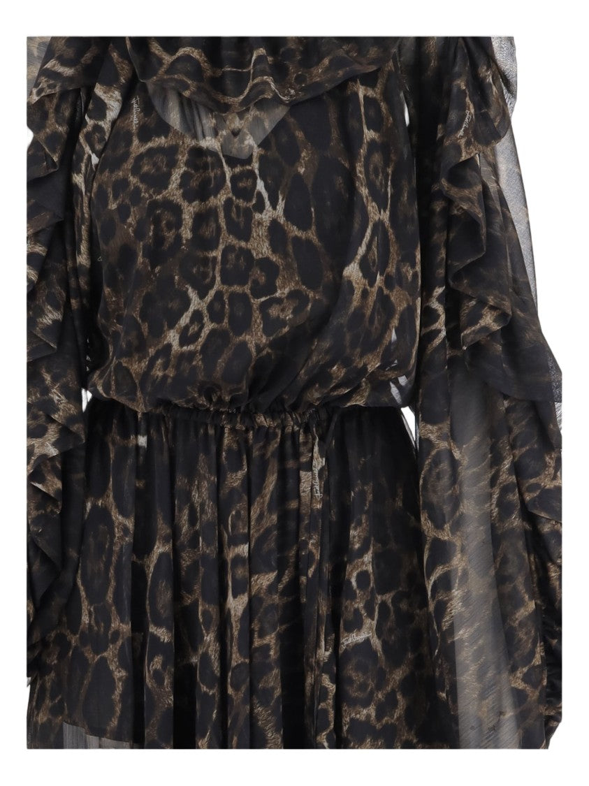 Just Cavalli Dark Animal Print Midi Dress With Sheer Sleeves And Ruffle Details