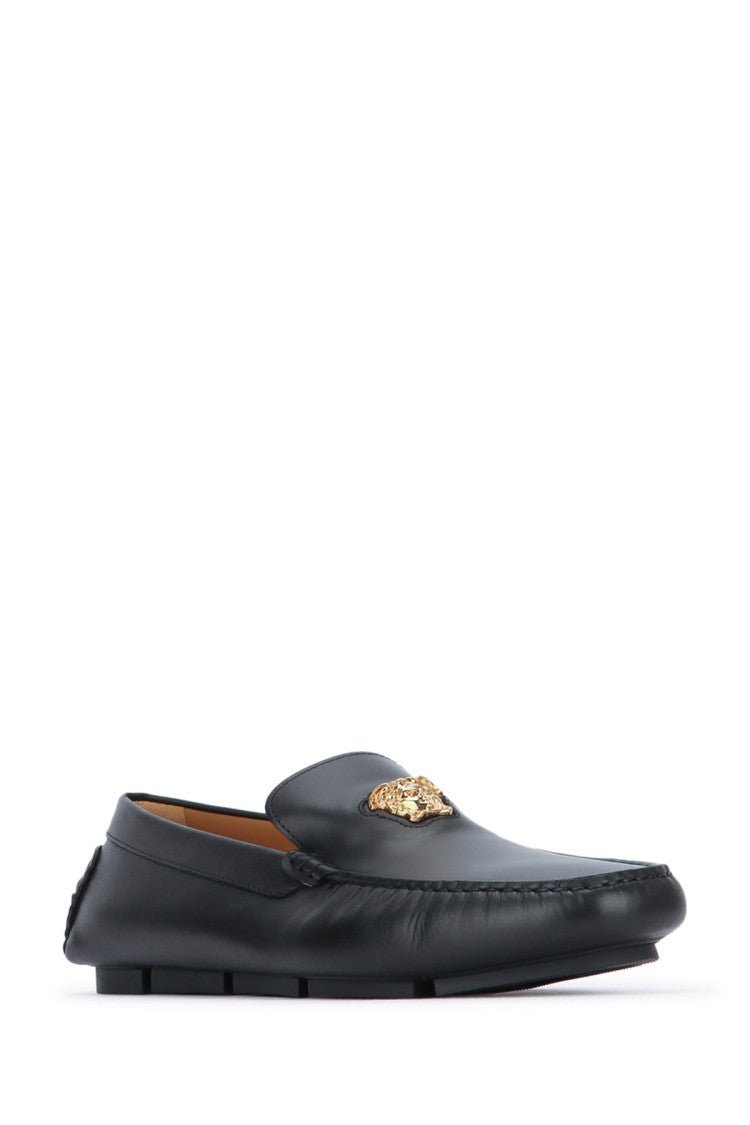 Versace Black Calf Leather Moccasins With Distinctive Emblem