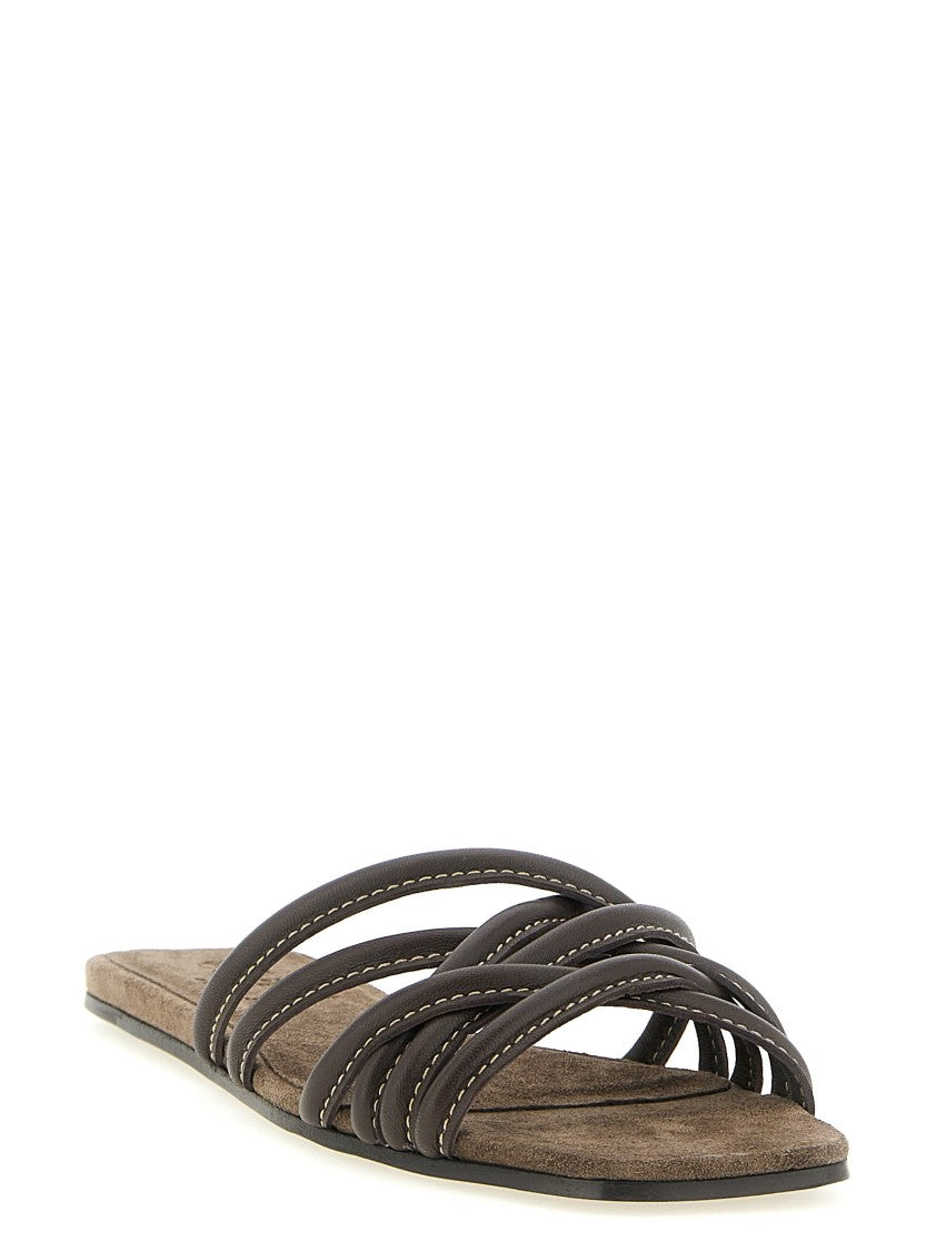 Brunello Cucinelli Brown Leather Slides With Minimalist Crisscross Straps