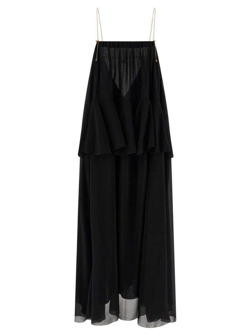 Chloé Black Silk Chiffon Maxi Dress With Gold Chain Straps And Layered Ruffles