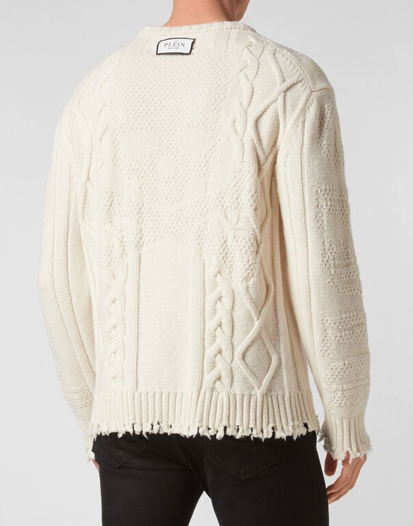 Philipp Plein Ivory Wool Cable-Knit Logo-Patch Sweater