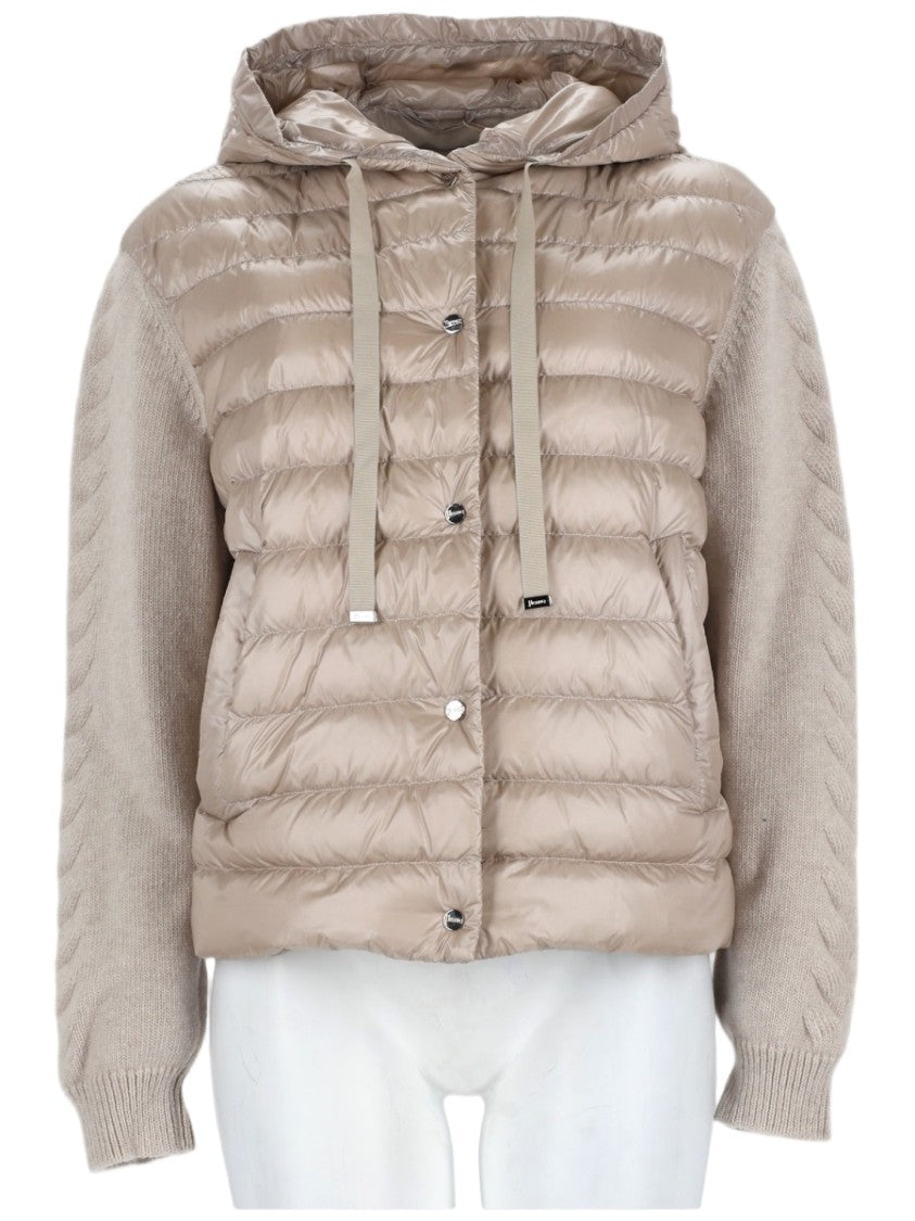 Herno Lightweight Quilted Nylon Hooded Jacket With Cable Knit Sleeves