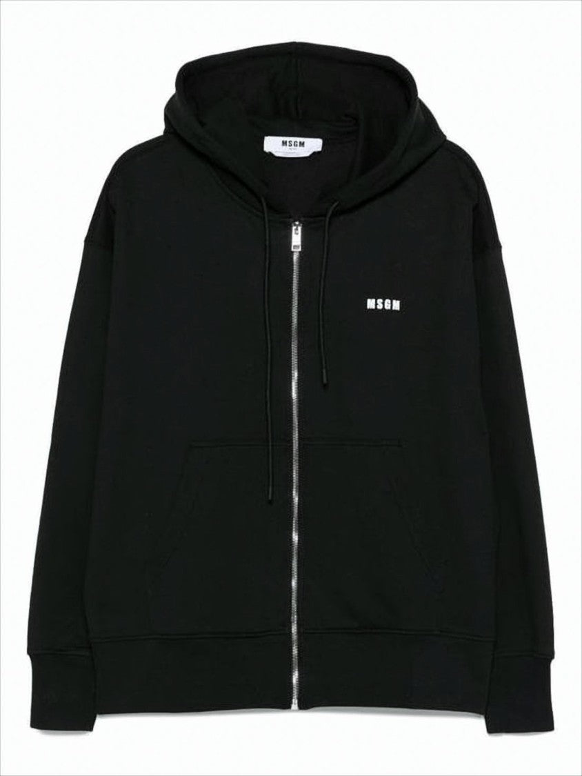 Msgm Zippered Black Hoodie With Drawstring