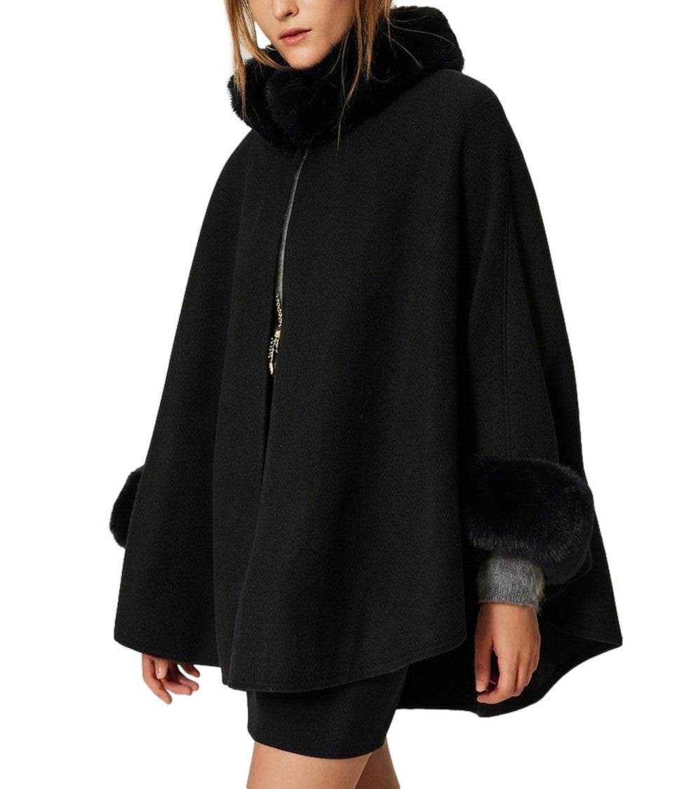 Twin-Set Plush Fur Trim Flowing Cape Coat