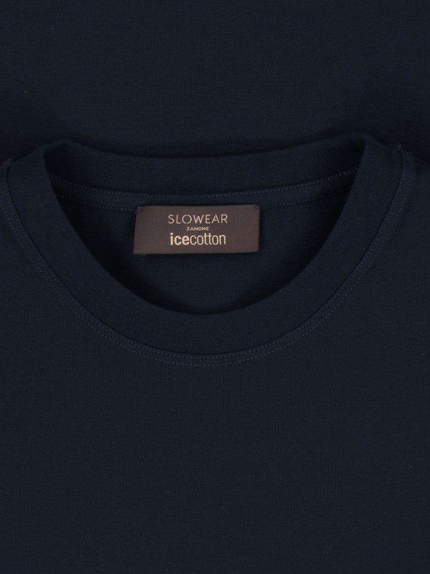 Zanone Crew Neck Navy Blue Cotton T-Shirt With Ribbed Finishings