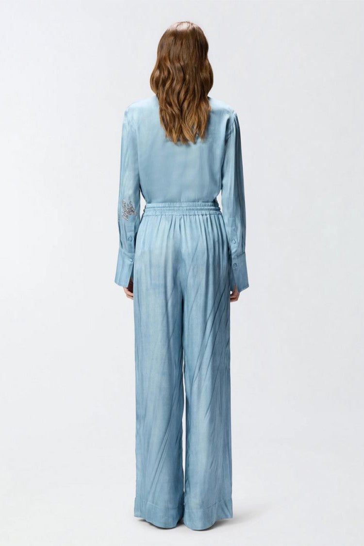 Pinko Blue Floral Embroidery Satin Viscose Wide-Leg Pants