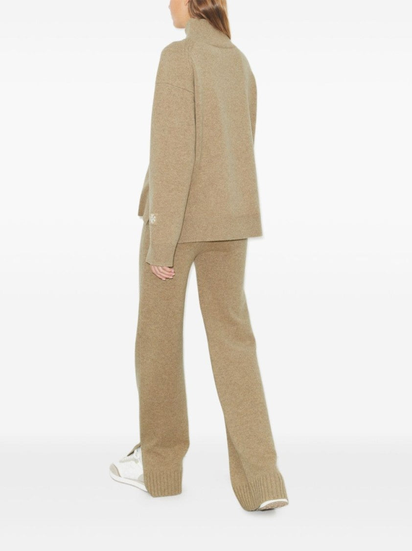 Tory Burch Relaxed Fit Beige Trousers With Ribbed Cuffs
