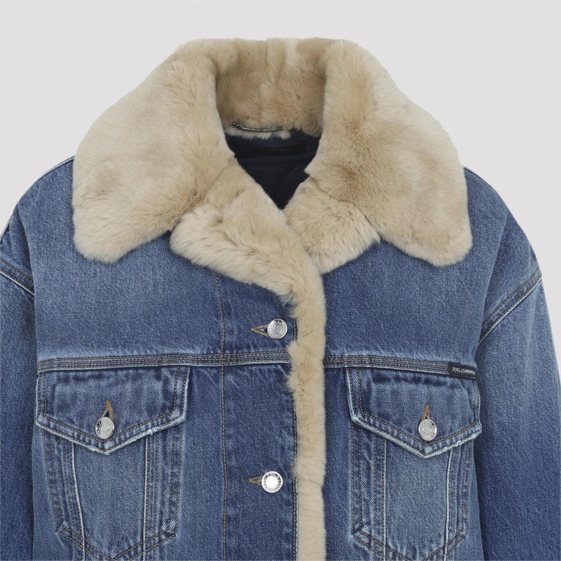 Dolce & Gabbana Denim Blue Cotton Jacket With Beige Lapin Accents