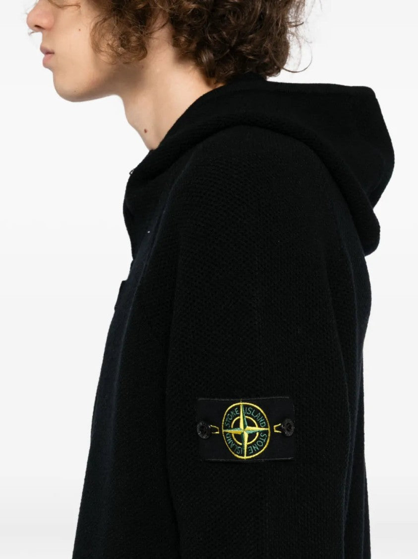 Stone Island Hooded Black Jacket With Logo Patch