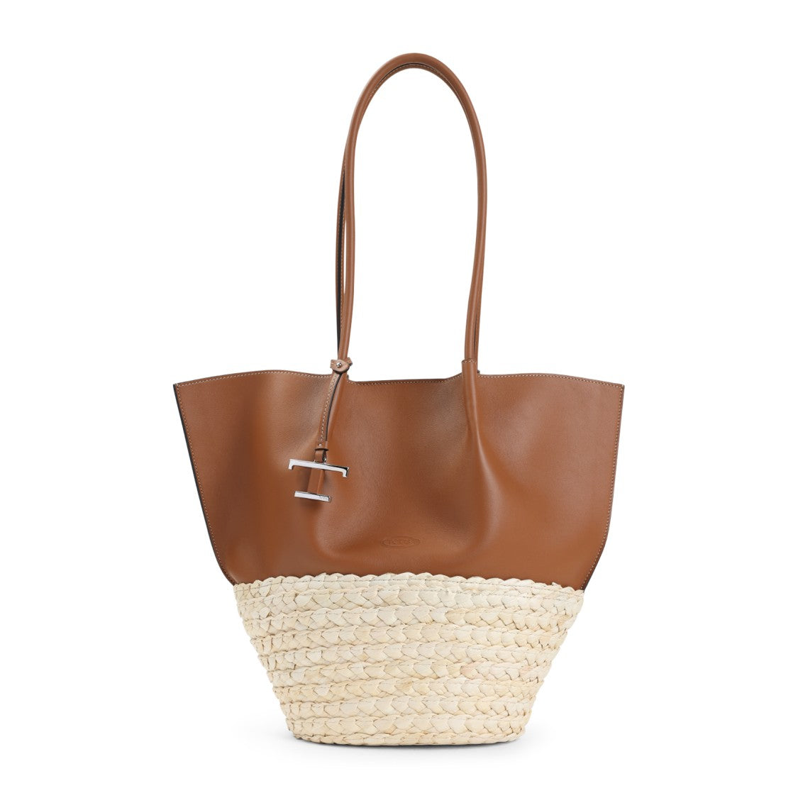 Tod's Brown Leather Shopper Bag With Woven Raffia Base