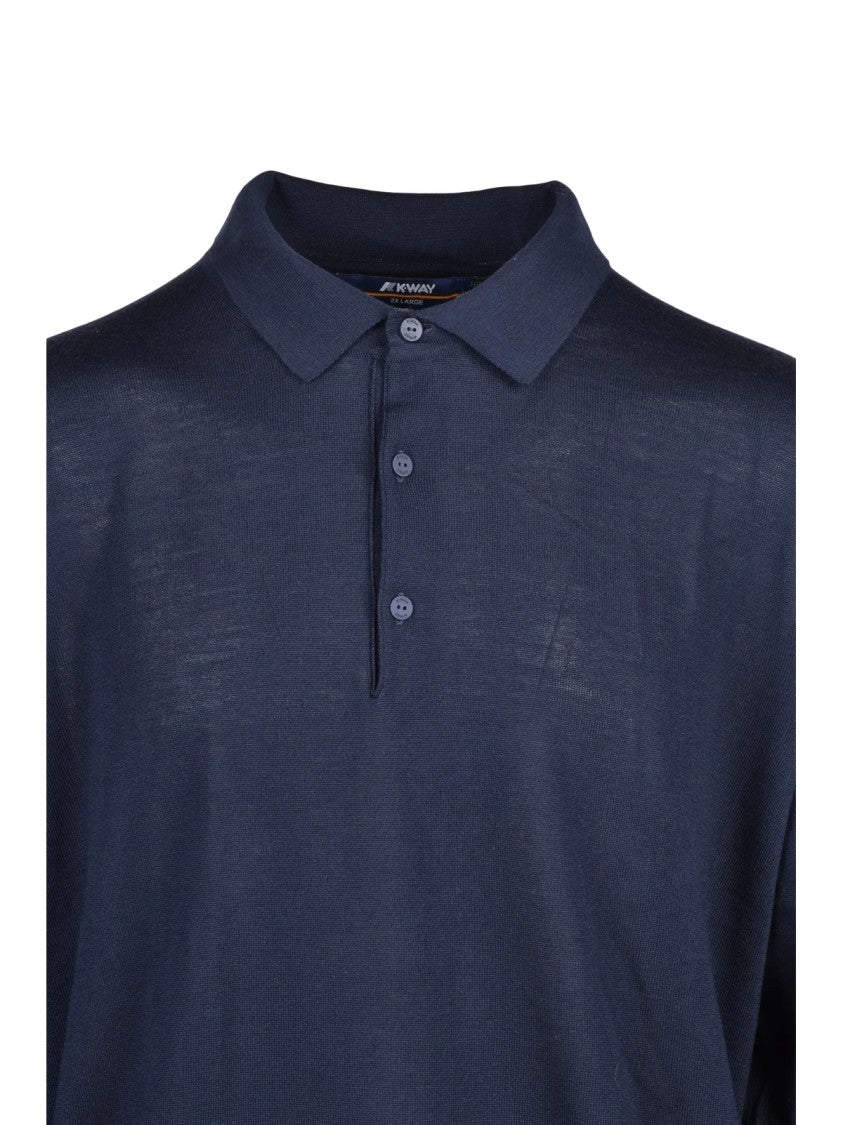 K-Way Blue Collared Virgin Wool-Blend Knit Polo Shirt