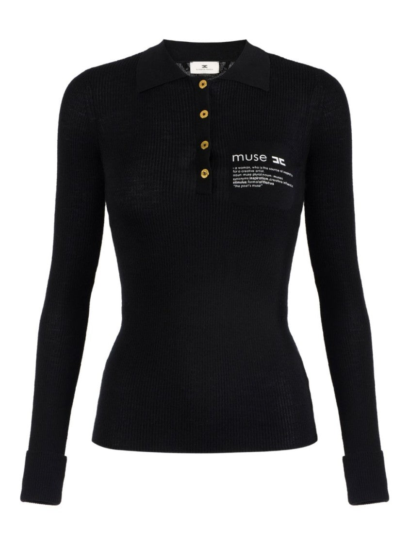 Elisabetta Franchi Fitted Black Sweater With Polo Collar