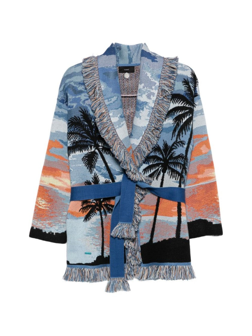 Alanui Palm Tree Sunset Shawl Collar Fringe Cardigan