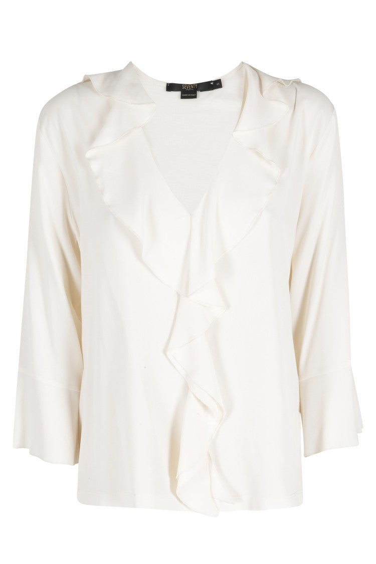 Seventy Cream Ruffle V-Neck Three-Quarter-Sleeve Cotton Shirt