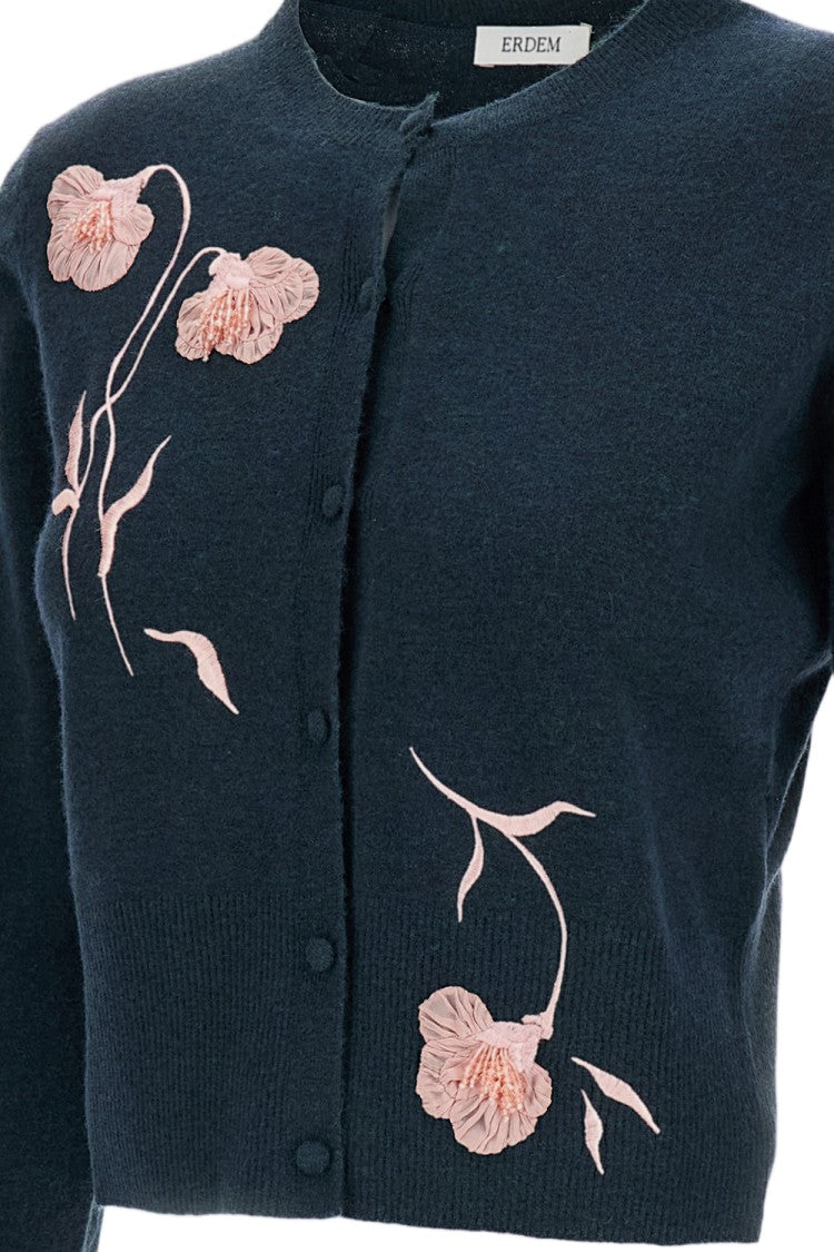 Erdem Floral-Embroidered Fitted Cardigan In Wool-Cashmere Blend