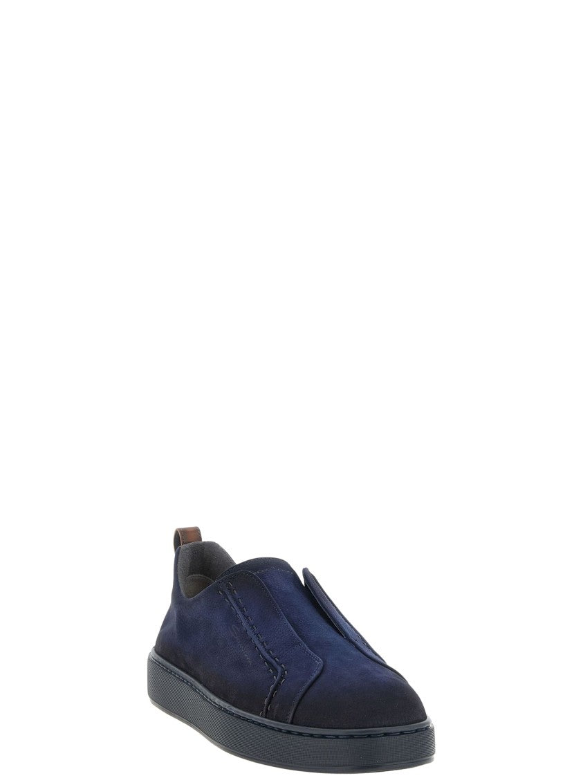 Santoni Navy Victory Leather Pull Tab Slip-On Sneakers