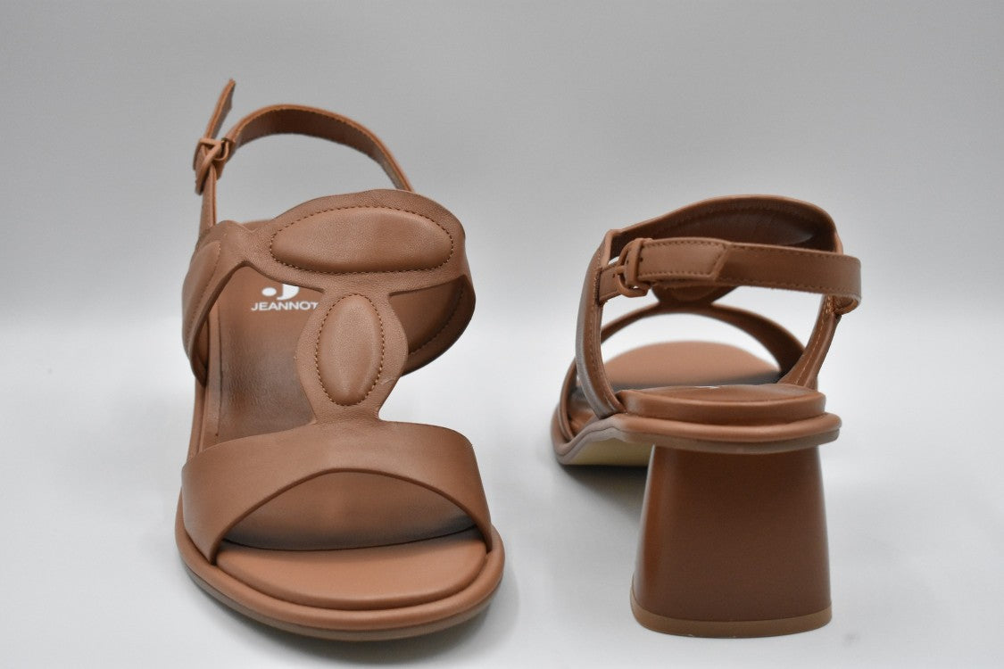 Jeannot T-Strap Brown Leather Sandals With Block Heel And Adjustable Strap
