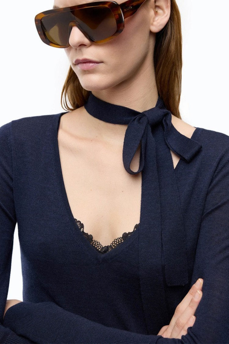 Pinko Blue Wool Tie-Neck Lace-Trim Sweater