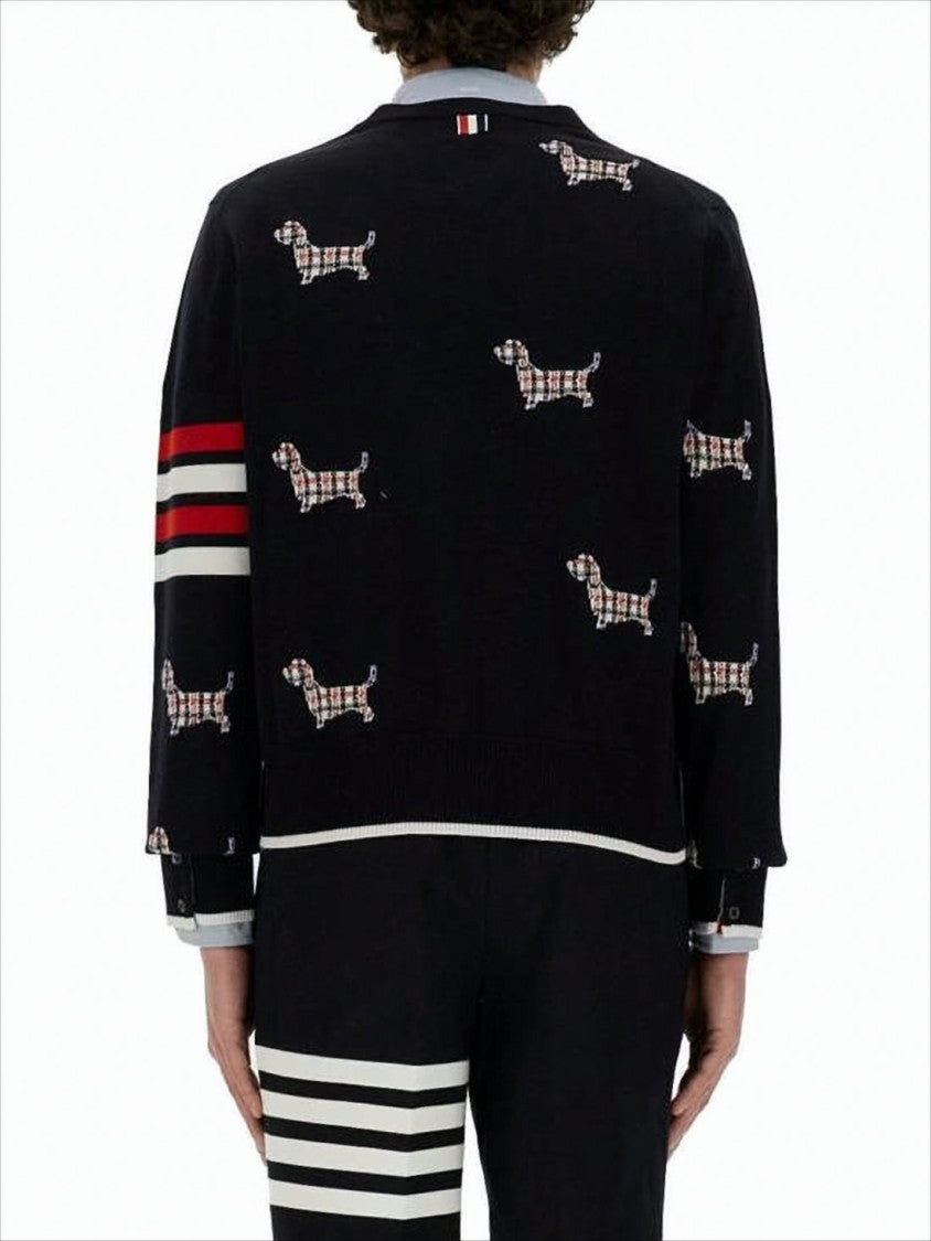 Thom Browne Black Wool Blend Cardigan With Playful Dog Motif
