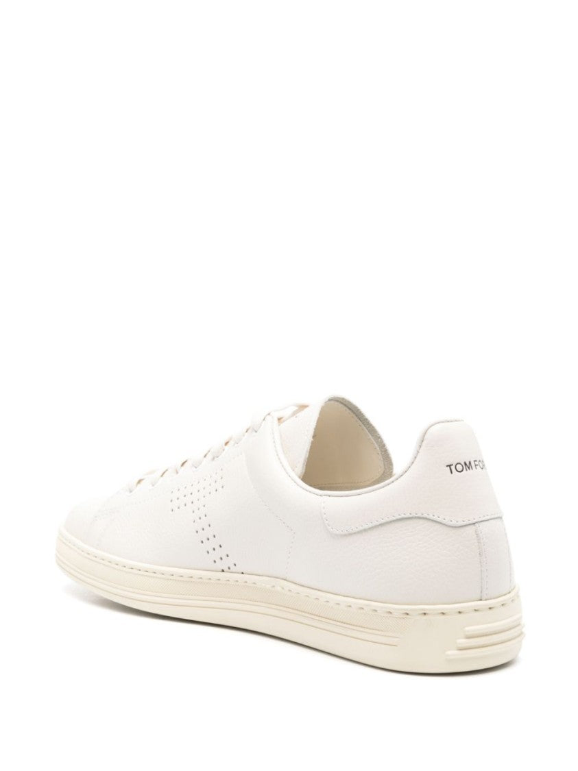 Tom Ford Cream-White Grained Leather Sneakers With Perforated Logo