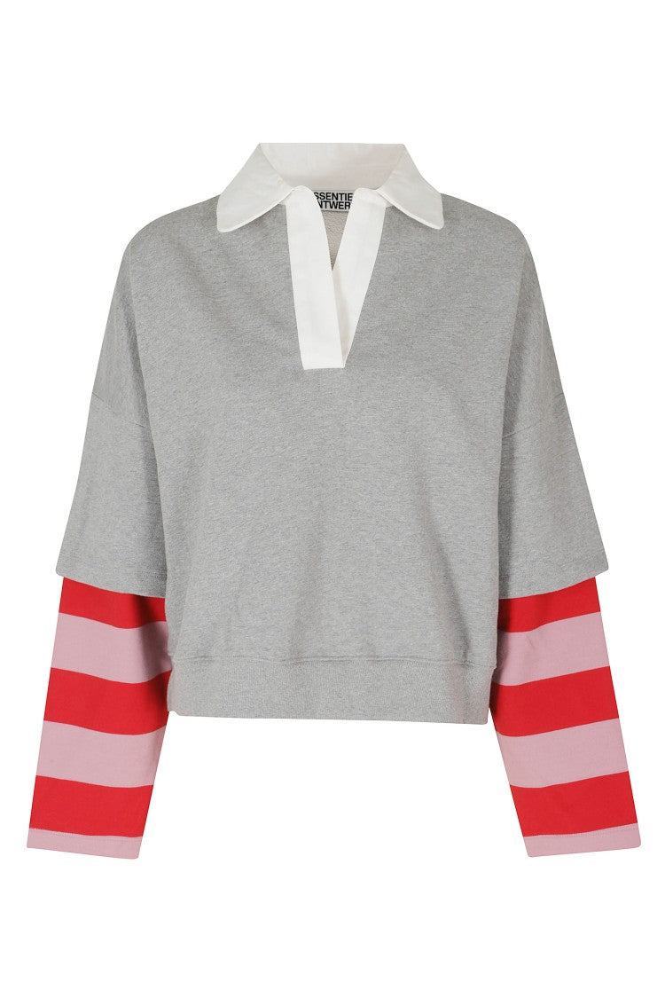 Essentiel Antwerp Grey Gatsby Layered Sleeve Cotton Polo Sweatshirt