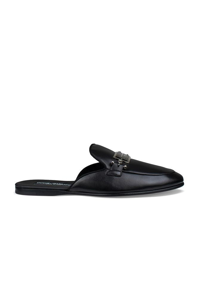 Dolce & Gabbana Black Leather Mules With Rounded Toe