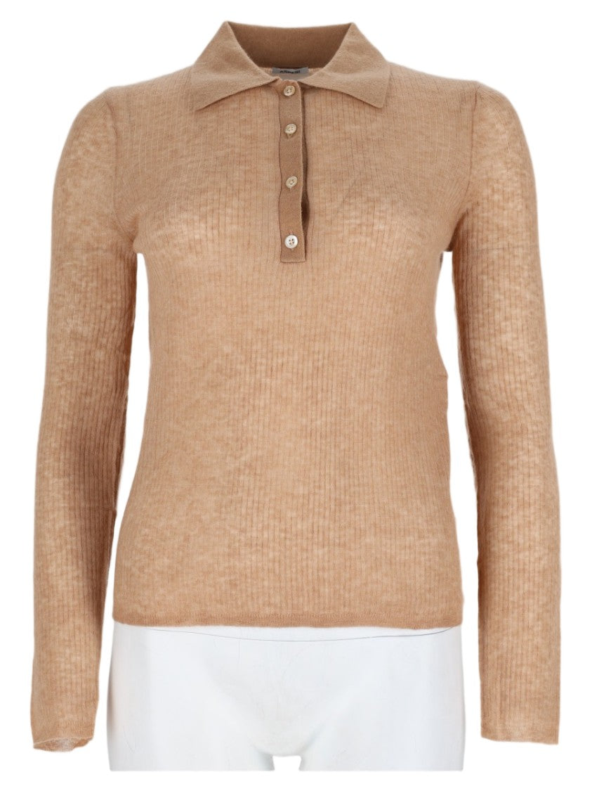 Aspesi Beige Cropped Ribbed Knit Wool-Blend Polo Sweater