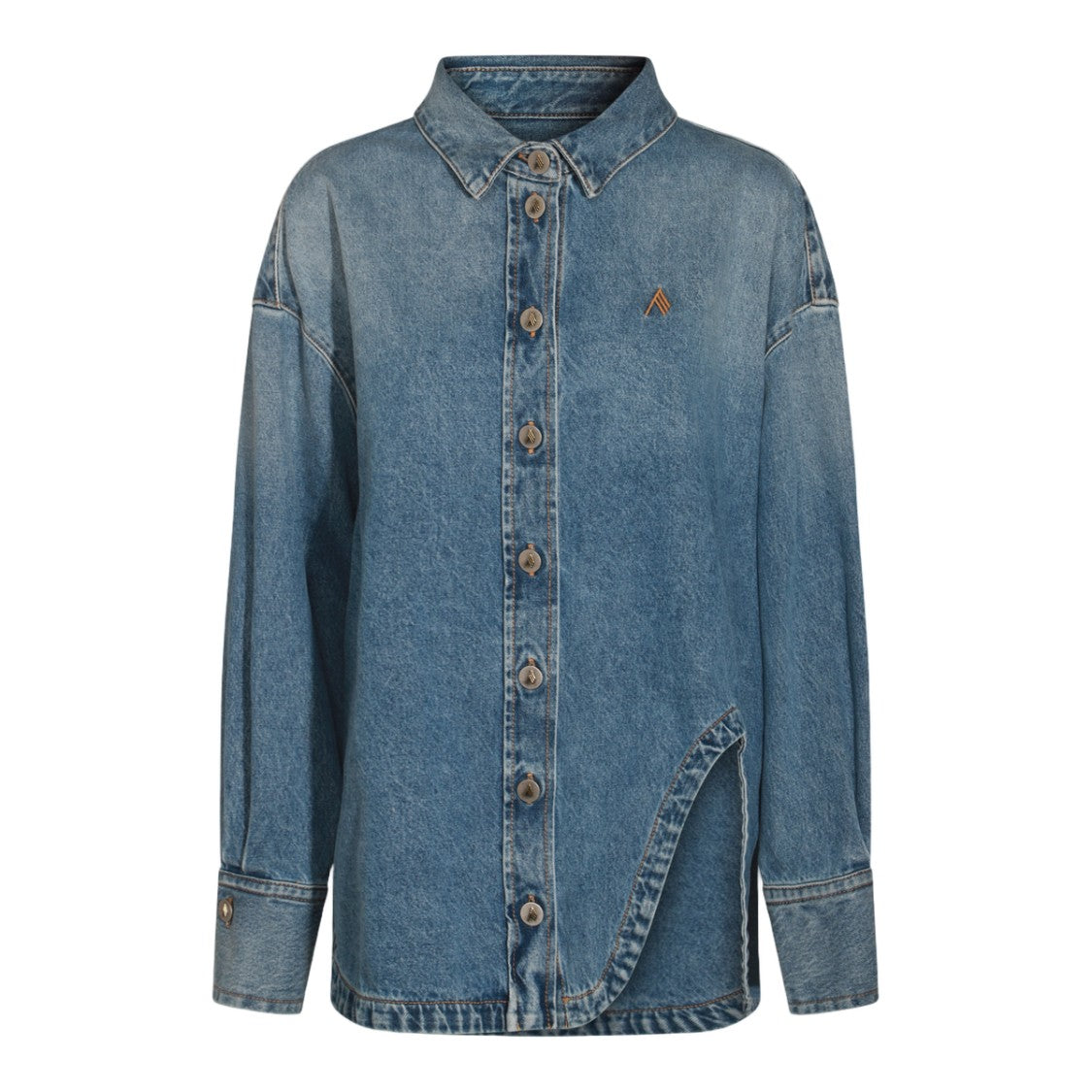 The Attico Asymmetrical Hem Denim Shirt With Button-Down Front