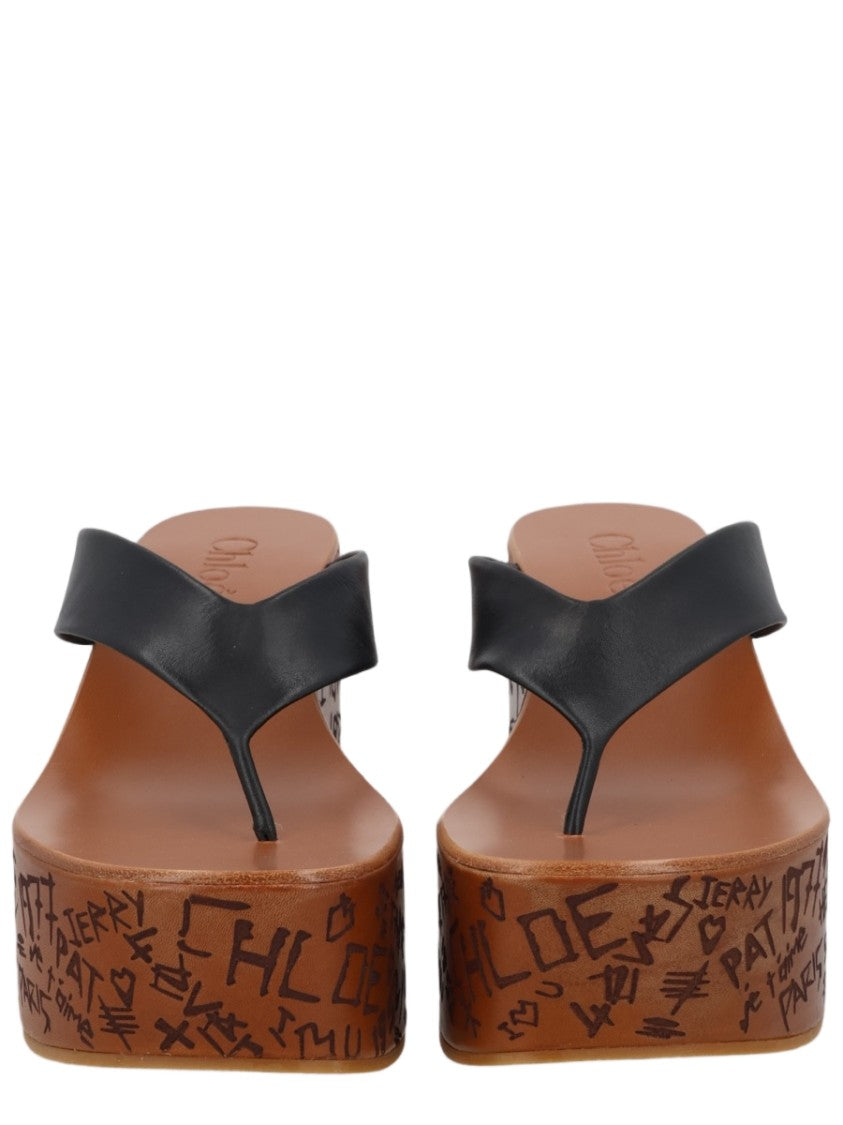Chloé Maxime Graffiti Black Leather Wedge Sandals