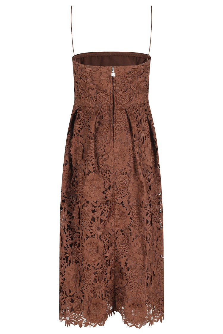 Rotate Brown Sangallo Lace Floral Embellished Polyester Midi Dress